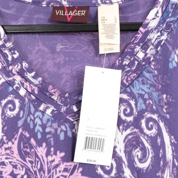Villager Paisley Shirt Womens L NEW VNeck Purple Short Sleeve Mesh Layer Ruffle - Picture 4 of 5